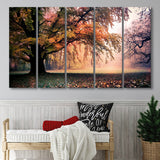Autumn Oak Tree Nature Foliage Forest Orange Leaves Landscape 5 Piece B Canvas Prints Wall Art, Multi Panels