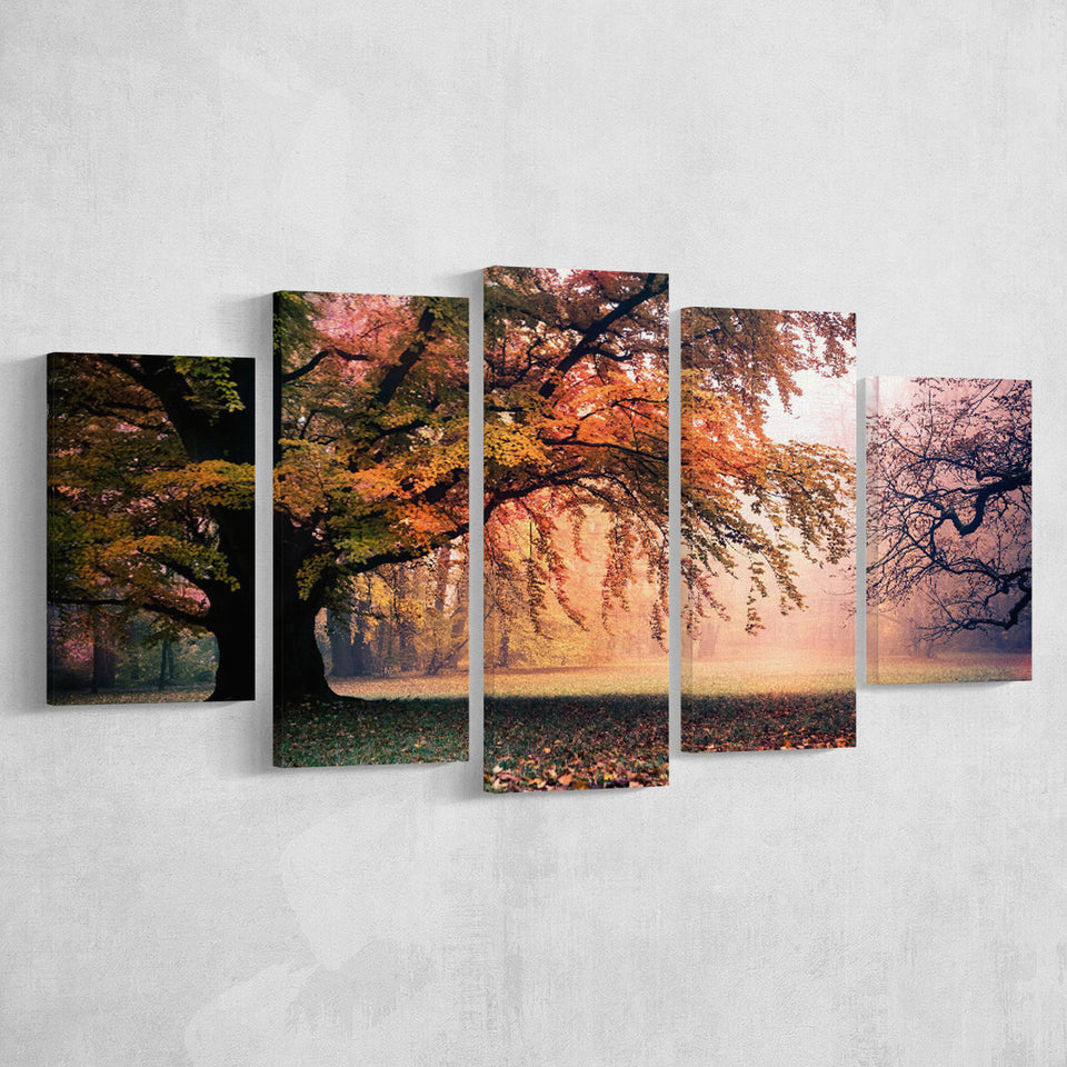 Autumn Oak Tree Nature Foliage Forest Orange Leaves Landscape 5 Piece Canvas Prints Wall Art Decor, Multi Panels
