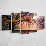 Autumn Oak Tree Nature Foliage Forest Orange Leaves Landscape 5 Piece Canvas Prints Wall Art Decor, Multi Panels