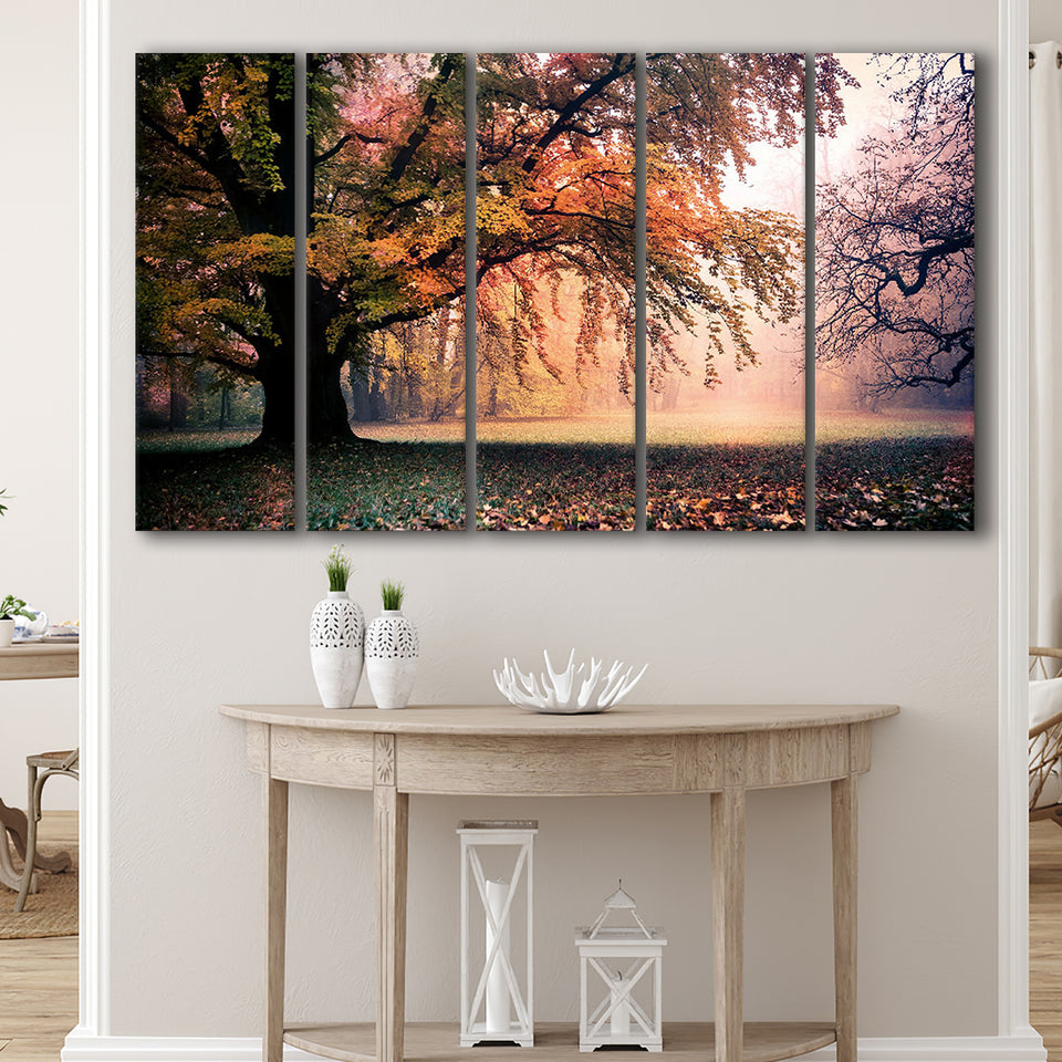 Autumn Oak Tree Nature Foliage Forest Orange Leaves Landscape 5 Piece B Canvas Prints Wall Art, Multi Panels