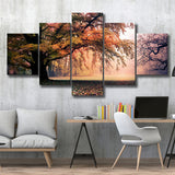 Autumn Oak Tree Nature Foliage Forest Orange Leaves Landscape 5 Piece Canvas Prints Wall Art Decor, Multi Panels