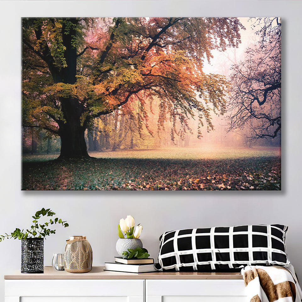 Autumn Oak Tree Nature Foliage Forest Orange Leaves Landscape Canvas Prints Wall Art Decor - Painting Canvas,Home Decor