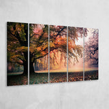 Autumn Oak Tree Nature Foliage Forest Orange Leaves Landscape 5 Piece B Canvas Prints Wall Art, Multi Panels