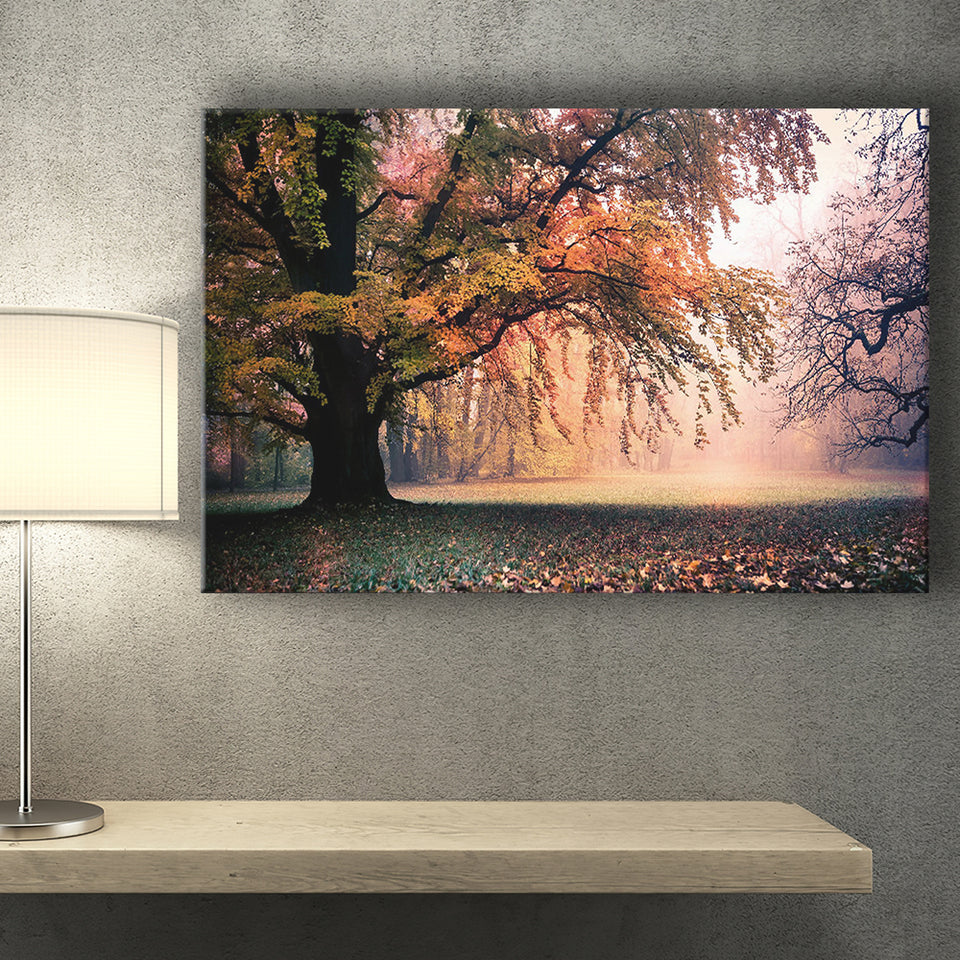 Autumn Oak Tree Nature Foliage Forest Orange Leaves Landscape Canvas Prints Wall Art Decor - Painting Canvas,Home Decor