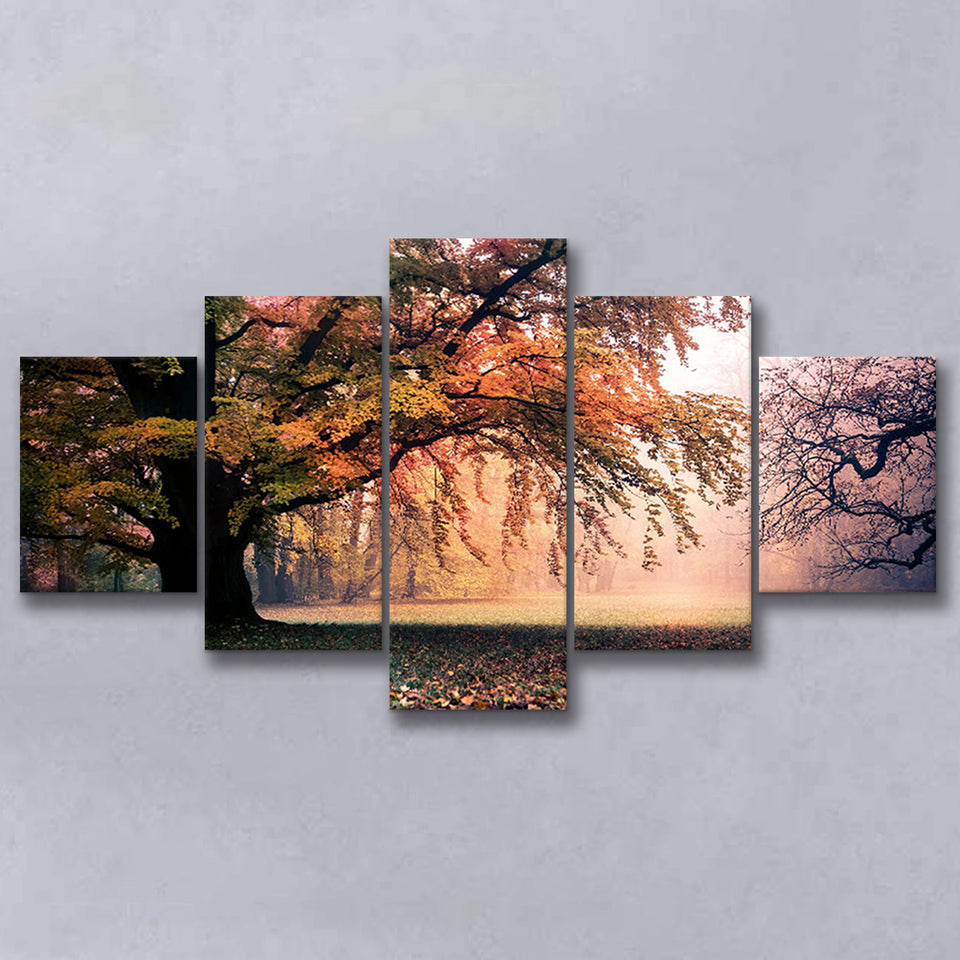 Autumn Oak Tree Nature Foliage Forest Orange Leaves Landscape 5 Piece Canvas Prints Wall Art Decor, Multi Panels