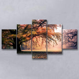 Autumn Oak Tree Nature Foliage Forest Orange Leaves Landscape 5 Piece Canvas Prints Wall Art Decor, Multi Panels