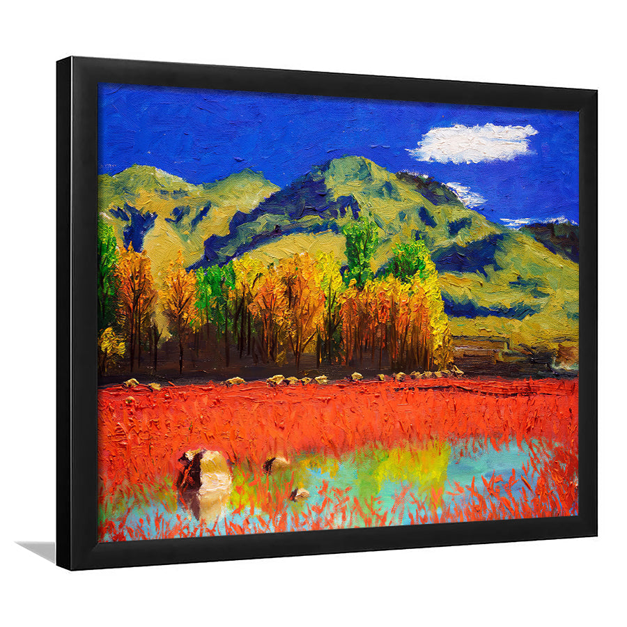 Autumn Landscape With Red Reed Framed Wall Art - Framed Prints, Art Prints, Print for Sale, Painting Prints