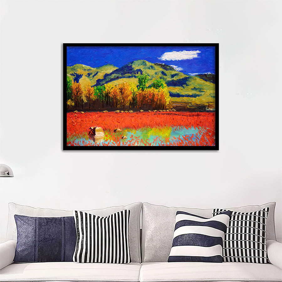 Autumn Landscape With Red Reed Framed Wall Art - Framed Prints, Art Prints, Print for Sale, Painting Prints