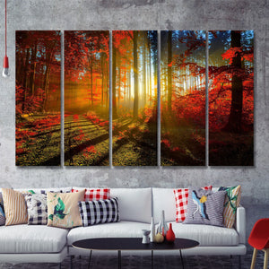 Autumn Long Trees In A Sun Rays 5 Pieces B Canvas Prints Wall Art - Painting Canvas, Multi Panels,5 Panel, Wall Decor