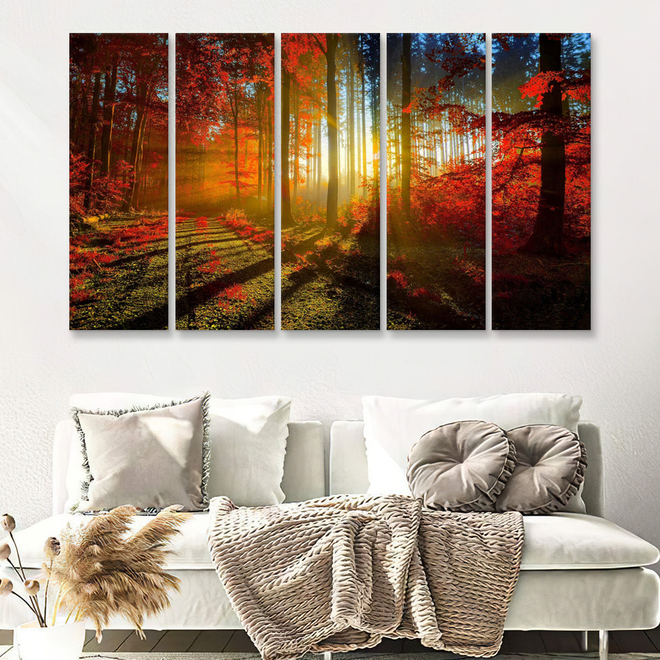 Autumn Long Trees In A Sun Rays 5 Pieces B Canvas Prints Wall Art - Painting Canvas, Multi Panels,5 Panel, Wall Decor