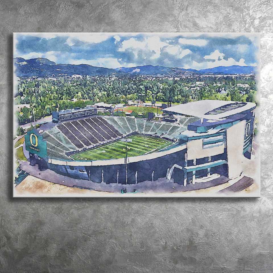 Autzen Stadium Oregon Football Stadium Watercolor Football, Sport Art Prints Fan Gift, Canvas Prints Wall Art Decor