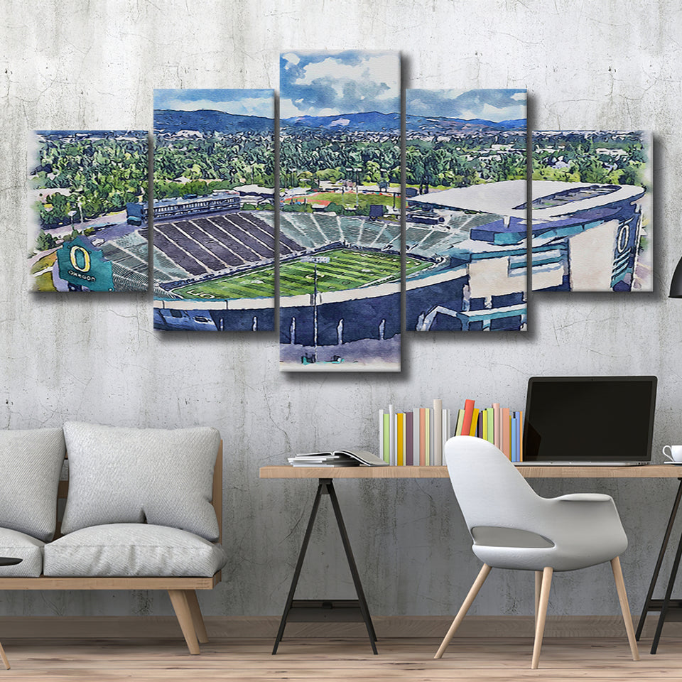 Autzen Stadium Oregon Football Stadium Watercolor Football, 5 Pieces, Multi Panel Canvas Prints Wall Art Decor