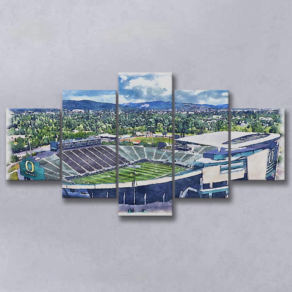 Autzen Stadium Oregon Football Stadium Watercolor Football, 5 Pieces, Multi Panel Canvas Prints Wall Art Decor
