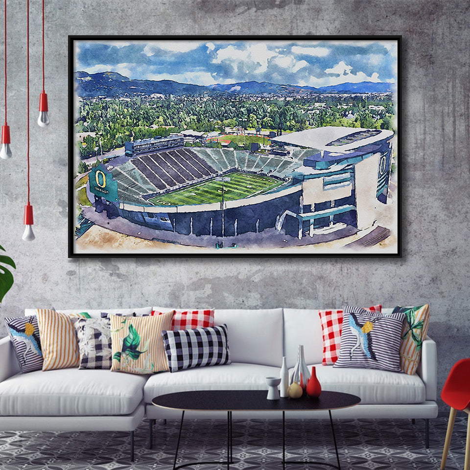 Autzen Stadium Oregon Football Stadium Watercolor Football, Sport Art Prints Fan Gift, Framed Canvas Prints Wall Art Decor