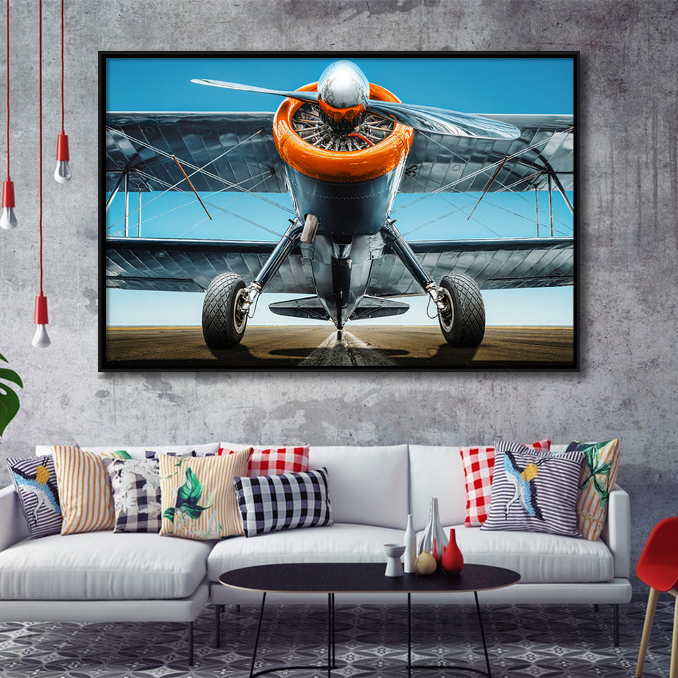 Aviation Biplane Sports Aircraft Mural Framed Canvas Prints Wall Art Decor - Painting Canvas, Black Framed Picture