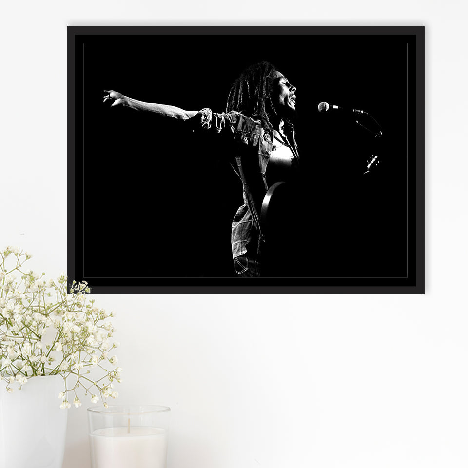 B.Marley Concert Vintage Art Black And White Framed Canvas Prints Wall Art, Floating Frame, Large Canvas Home Decor