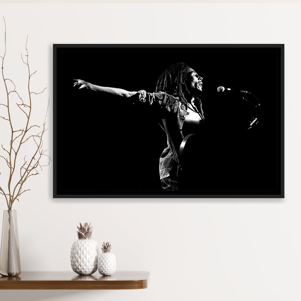 B.Marley Concert Vintage Art Black And White Framed Canvas Prints Wall Art, Floating Frame, Large Canvas Home Decor