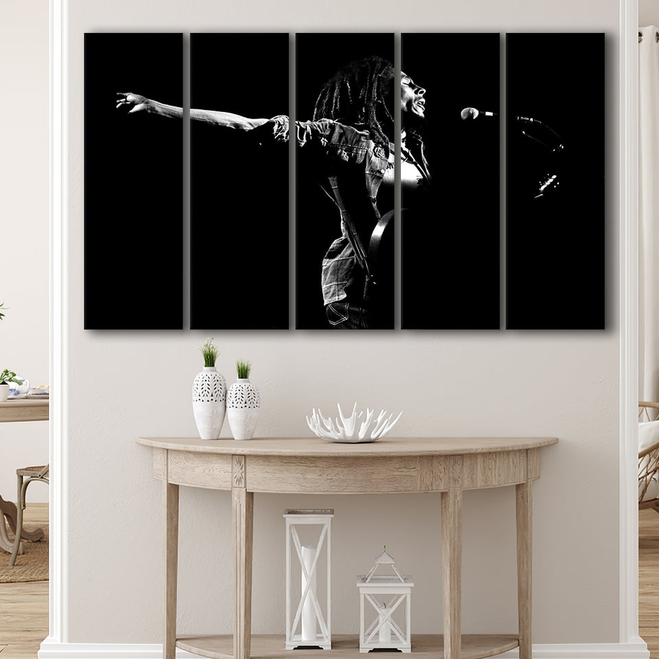 B.Marley Concert Vintage Art Black And White, 5 Panel B Canvas Prints Wall Art, Extra Large Canvas Decor