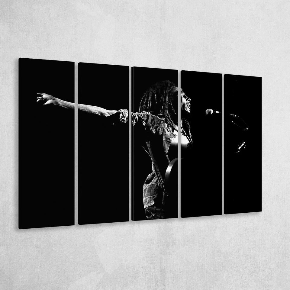 B.Marley Concert Vintage Art Black And White, 5 Panel B Canvas Prints Wall Art, Extra Large Canvas Decor