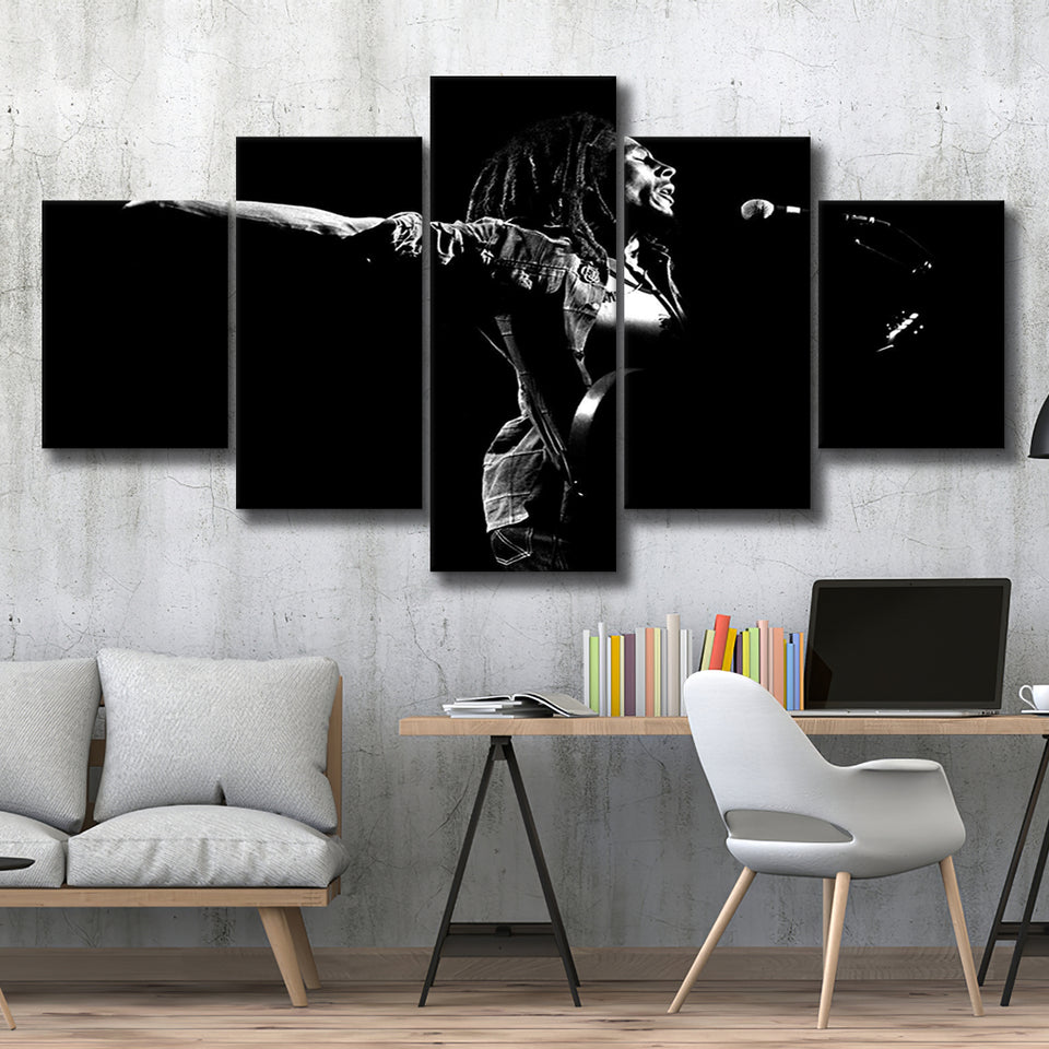 B.Marley Concert Vintage Art Black And White, 5 Panel Canvas Prints Wall Art,Mixed Canvas, Large Canvas