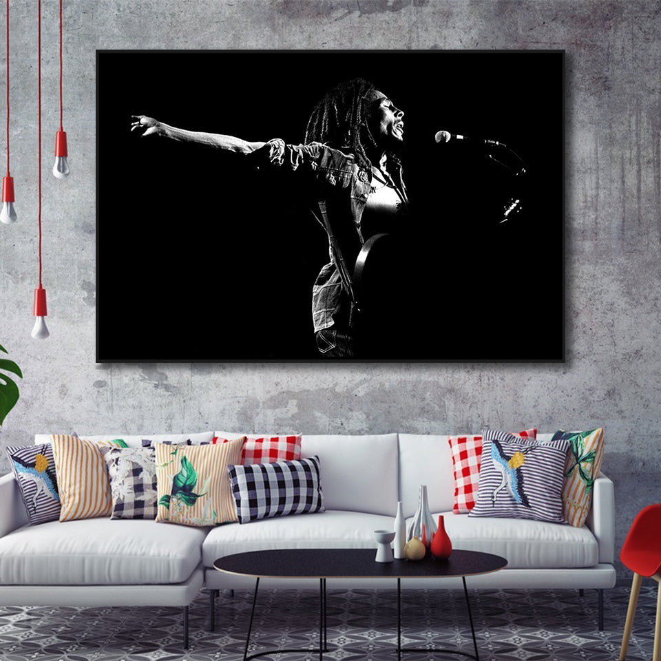 B.Marley Concert Vintage Art Black And White Framed Canvas Prints Wall Art, Floating Frame, Large Canvas Home Decor