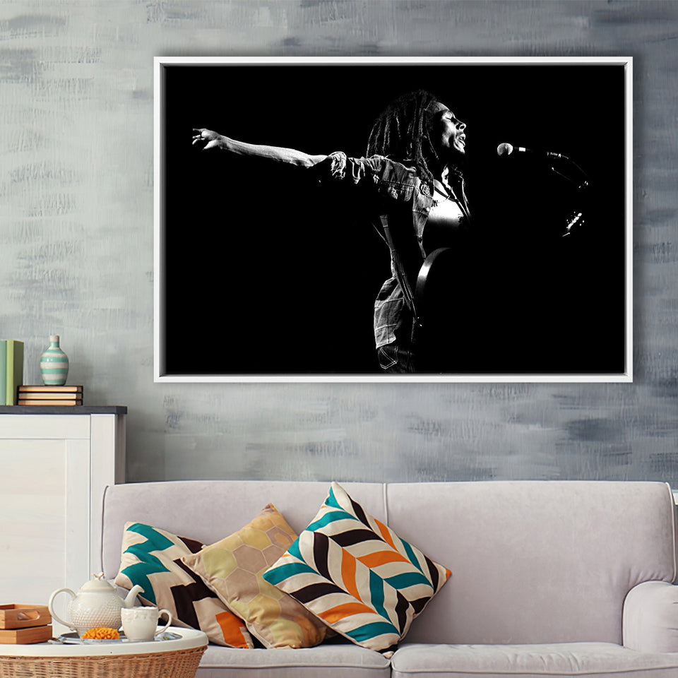 B.Marley Concert Vintage Art Black And White Framed Canvas Prints Wall Art, Floating Frame, Large Canvas Home Decor