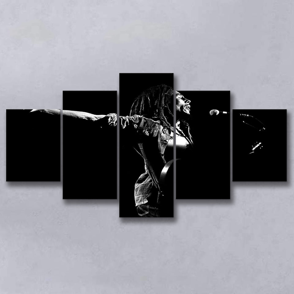 B.Marley Concert Vintage Art Black And White, 5 Panel Canvas Prints Wall Art,Mixed Canvas, Large Canvas