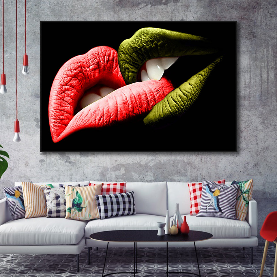 Bite My Lips Framed Canvas Prints Wall Art Home Decor - Painting Canvas, Black Frame, Framed Picture