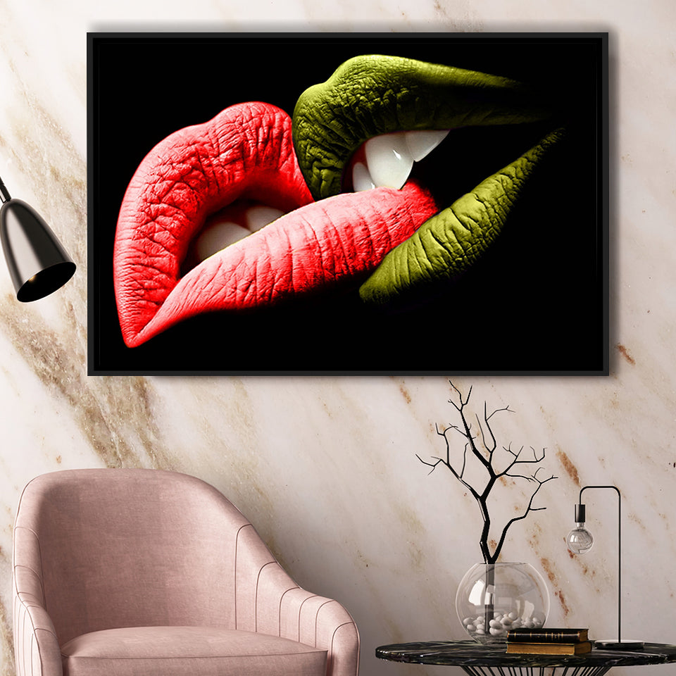 Bite My Lips Framed Canvas Prints Wall Art Home Decor - Painting Canvas, Black Frame, Framed Picture