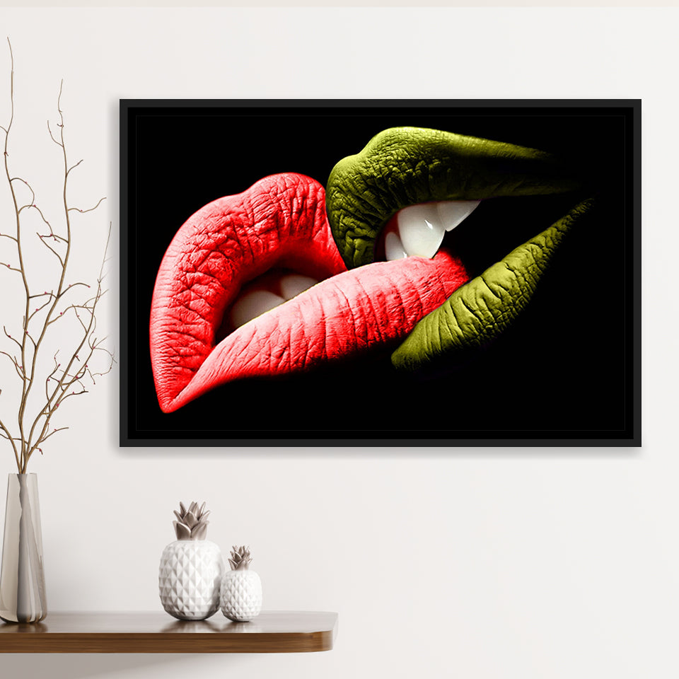 Bite My Lips Framed Canvas Prints Wall Art Home Decor - Painting Canvas, Black Frame, Framed Picture