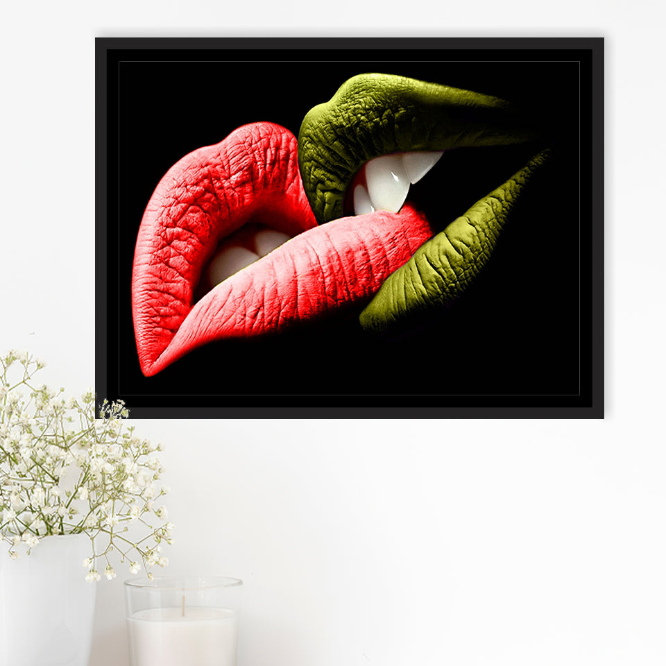 Bite My Lips Framed Canvas Prints Wall Art Home Decor - Painting Canvas, Black Frame, Framed Picture