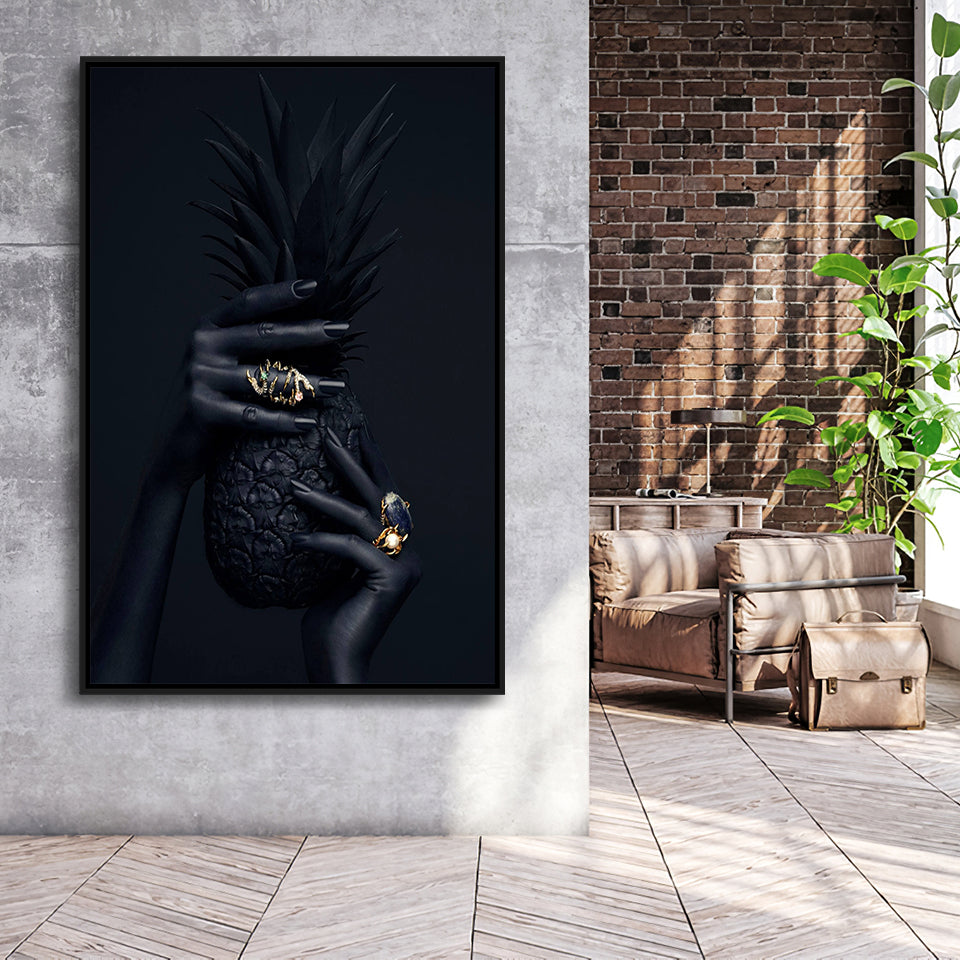 Black Pineapple Framed Canvas Prints Wall Art Home Decor - Painting Canvas,Black Frame, Ready to hang