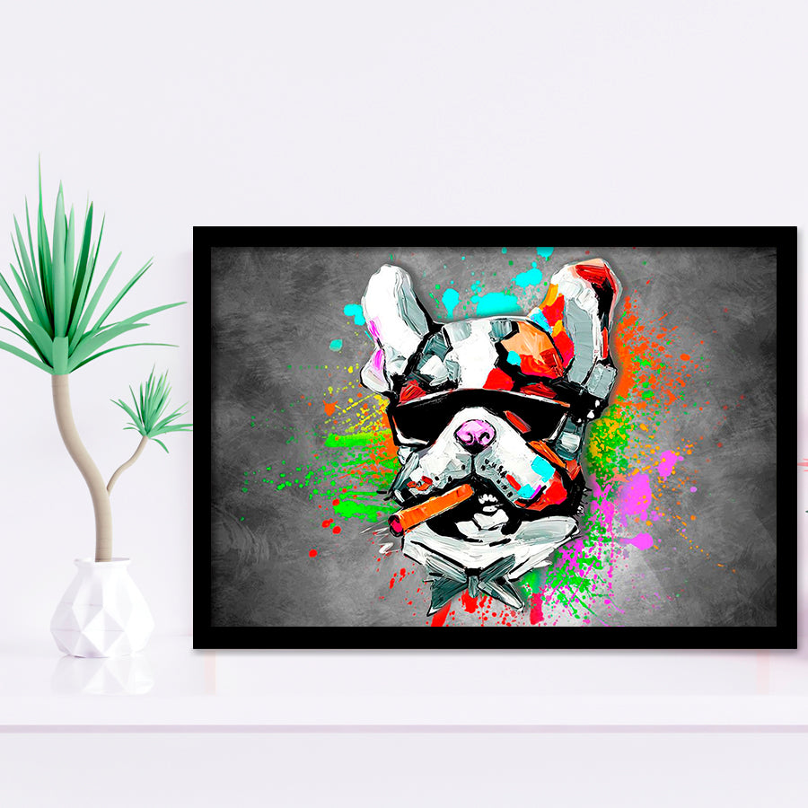 Bulldog Colorful Smoking Art Framed Art Print Wall Decor - Painting Art, Wall Art Decor, Framed Picture, Black Frame