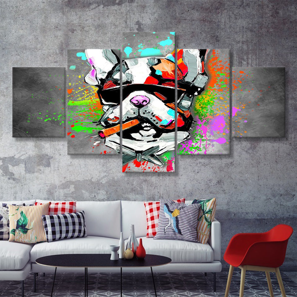 Bulldog Colorful Smoking Art Canvas 5 Pieces Prints Wall Art Decor - Painting Canvas, Multi Panels, Canvas Print