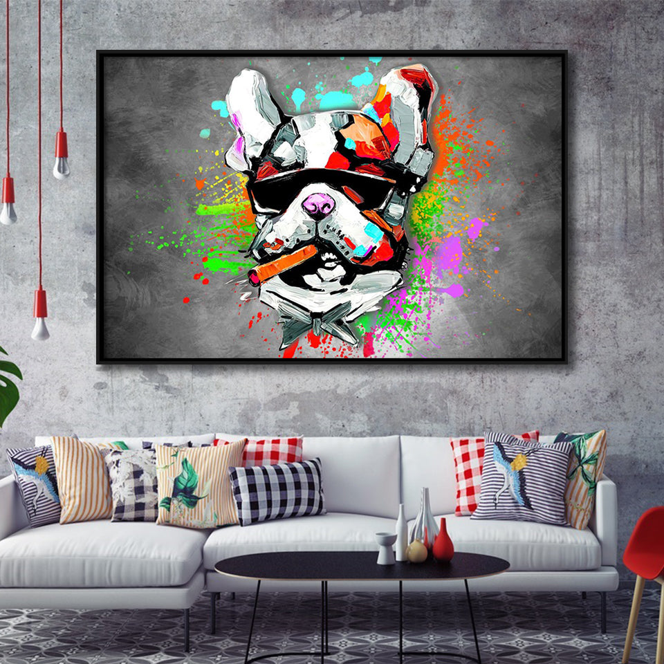 Bulldog Colorful Smoking Art Framed Canvas Prints Wall Art Decor - Painting Canvas, Floating Frame, Framed Picture