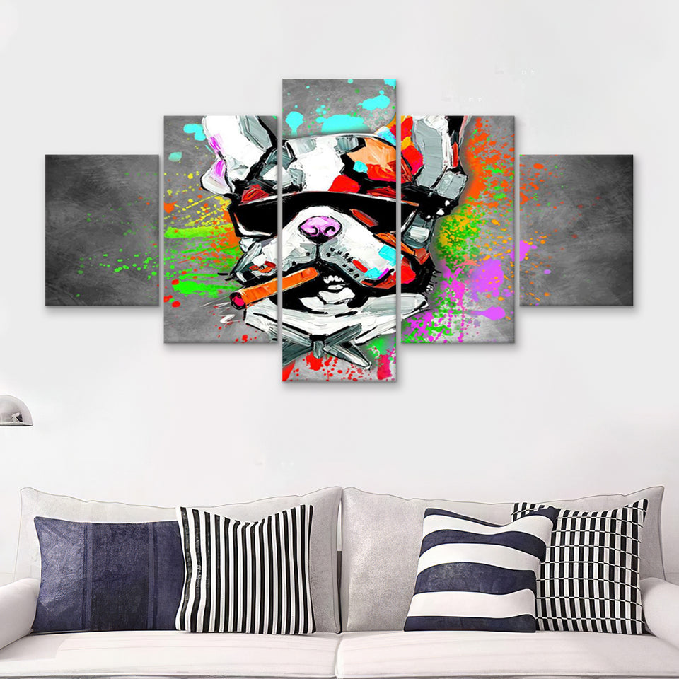 Bulldog Colorful Smoking Art Canvas 5 Pieces Prints Wall Art Decor - Painting Canvas, Multi Panels, Canvas Print