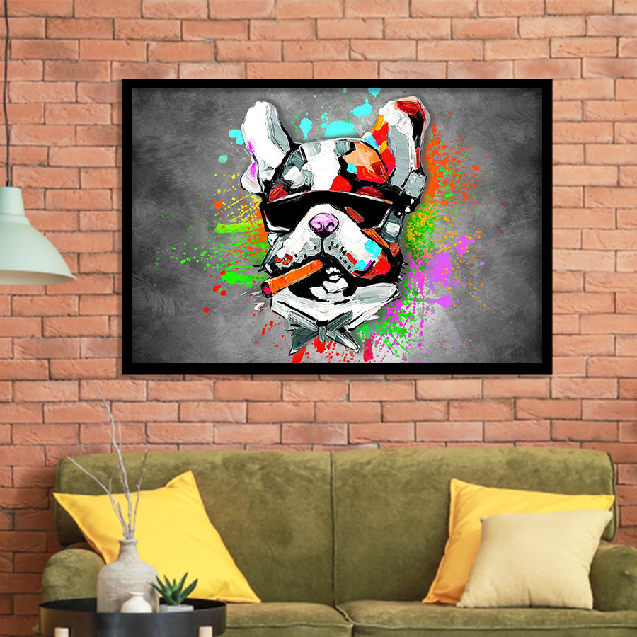 Bulldog Colorful Smoking Art Framed Art Print Wall Decor - Painting Art, Wall Art Decor, Framed Picture, Black Frame