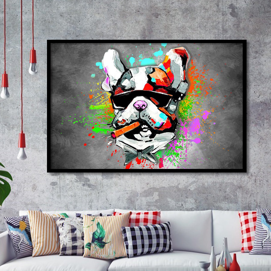 Bulldog Colorful Smoking Art Framed Art Print Wall Decor - Painting Art, Wall Art Decor, Framed Picture, Black Frame