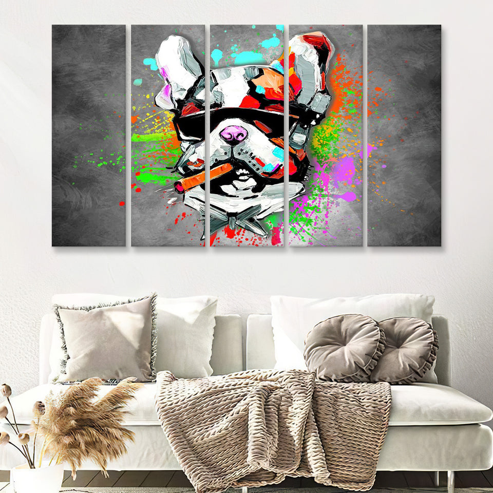 Bulldog Colorful Smoking Art Canvas 5 Piece B Prints Wall Art Decor - Painting Canvas, Multi Panels, Canvas Prints