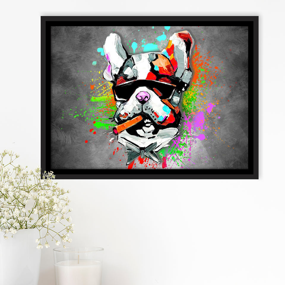 Bulldog Colorful Smoking Art Framed Canvas Prints Wall Art Decor - Painting Canvas, Floating Frame, Framed Picture