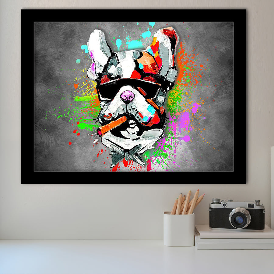 Bulldog Colorful Smoking Art Framed Art Print Wall Decor - Painting Art, Wall Art Decor, Framed Picture, Black Frame