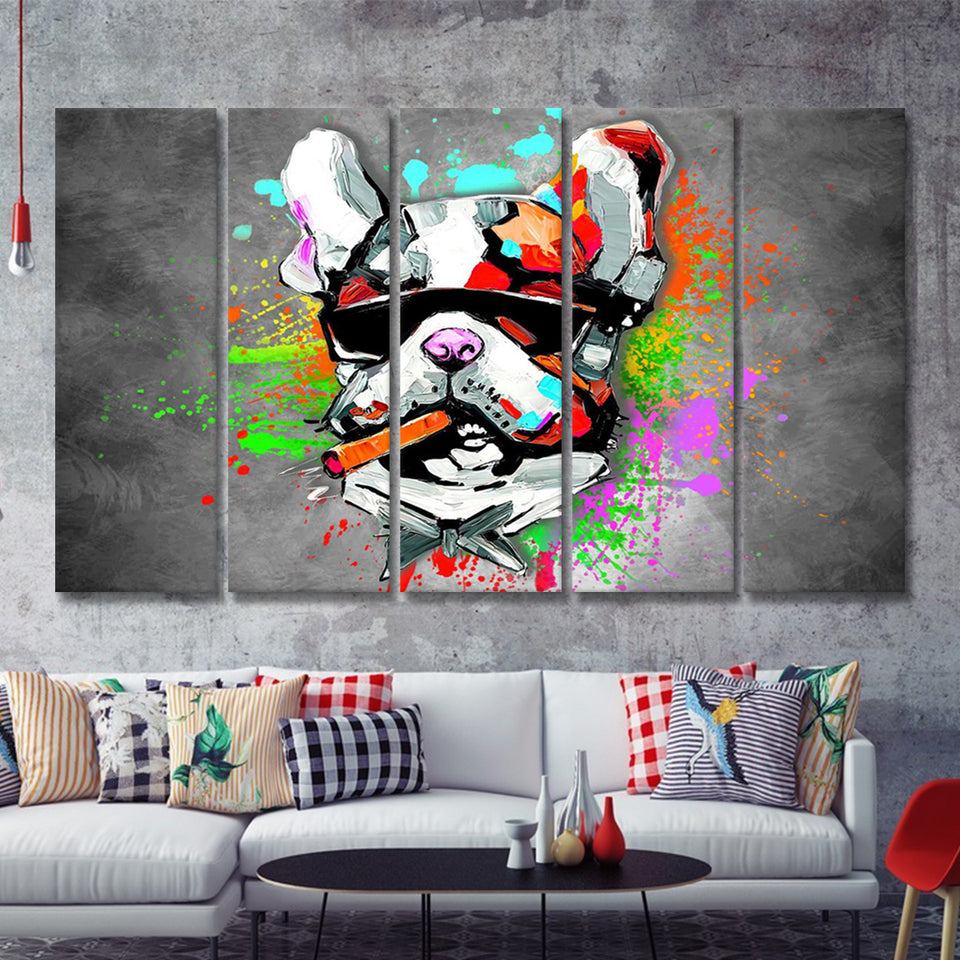 Bulldog Colorful Smoking Art Canvas 5 Piece B Prints Wall Art Decor - Painting Canvas, Multi Panels, Canvas Prints
