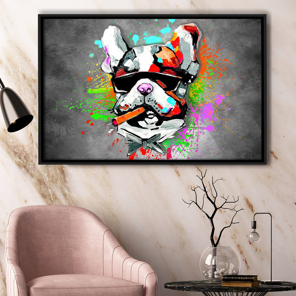 Bulldog Colorful Smoking Art Framed Canvas Prints Wall Art Decor - Painting Canvas, Floating Frame, Framed Picture