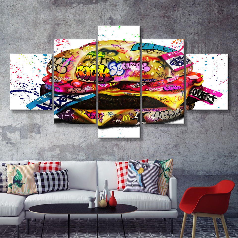 Burger Stay Hungry Graffiti Art Canvas 5 Pieces Prints Wall Art Decor - Painting Canvas, Multi Panels, Canvas Print