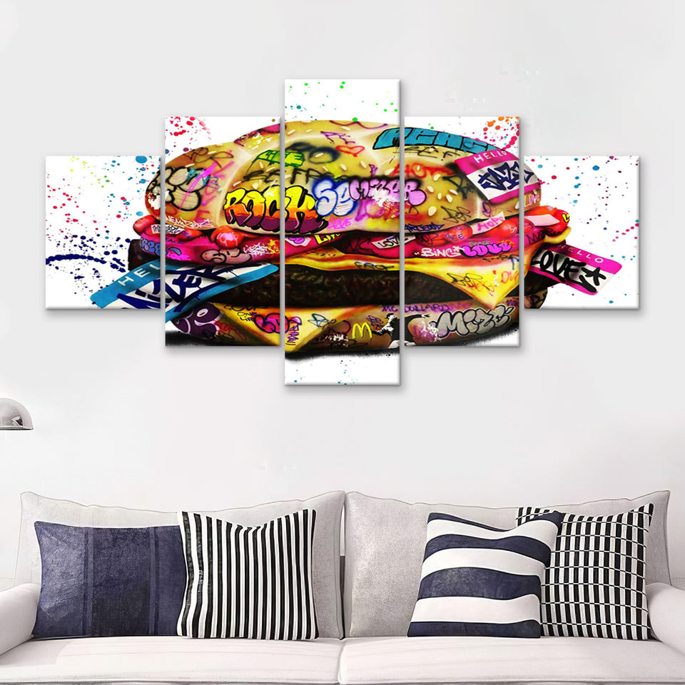 Burger Stay Hungry Graffiti Art Canvas 5 Pieces Prints Wall Art Decor - Painting Canvas, Multi Panels, Canvas Print