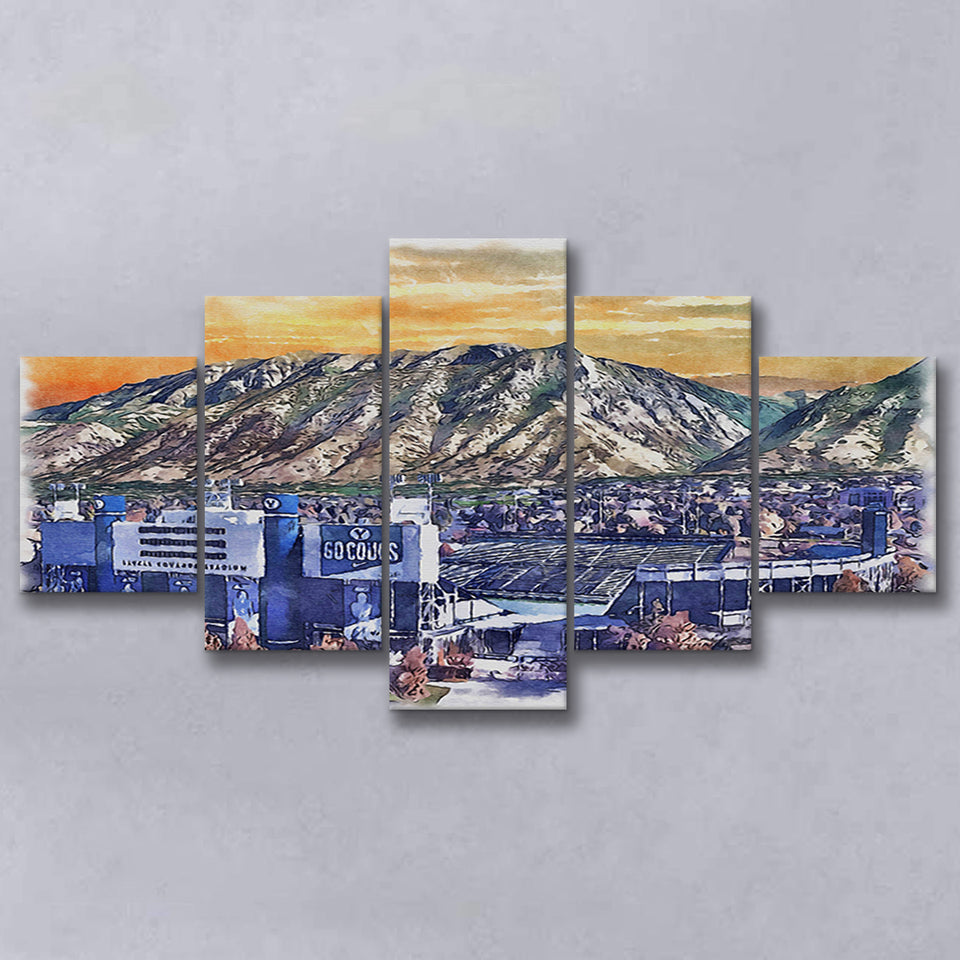 BYU Cougars LaVell Edwards Stadium Watercolor, 5 Pieces, Multi Panel Canvas Prints Wall Art Decor