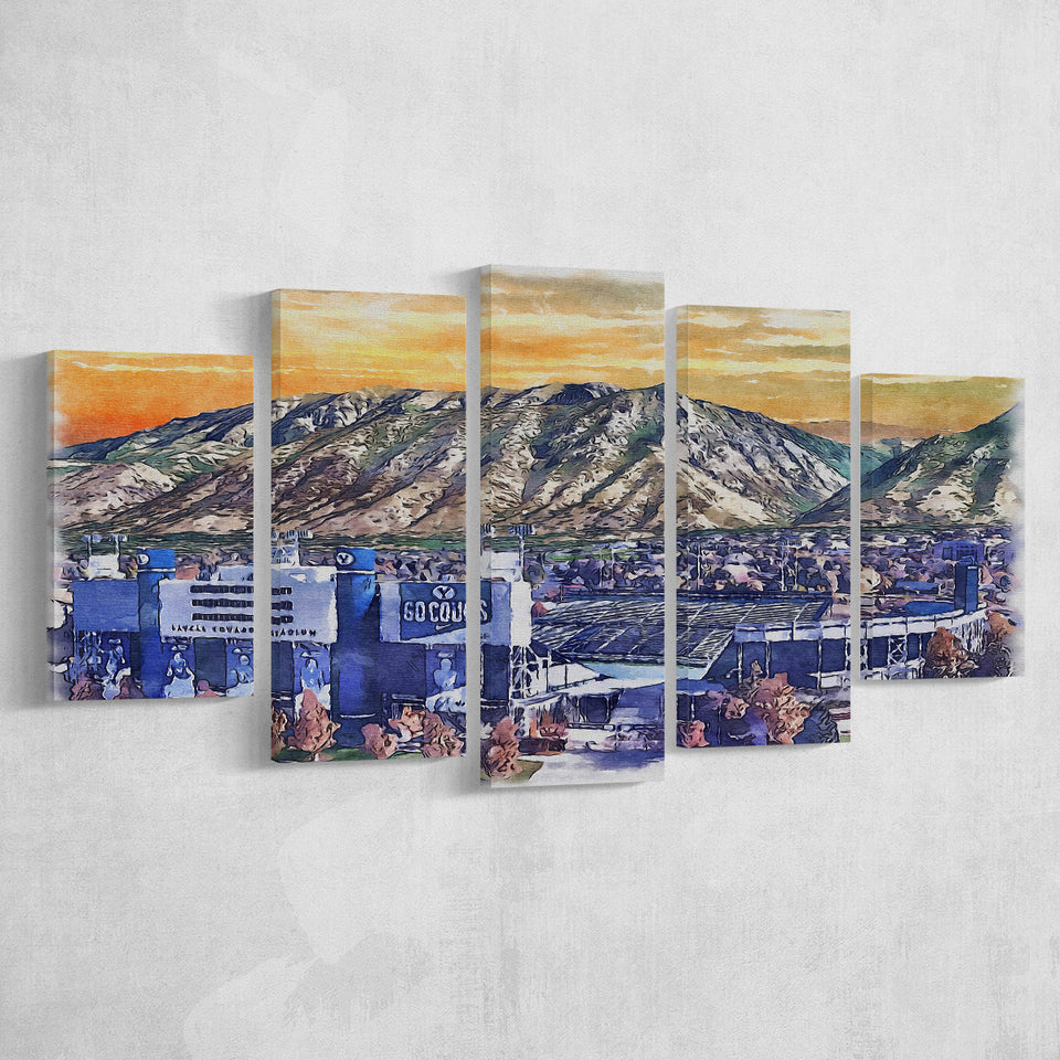 BYU Cougars LaVell Edwards Stadium Watercolor, 5 Pieces, Multi Panel Canvas Prints Wall Art Decor