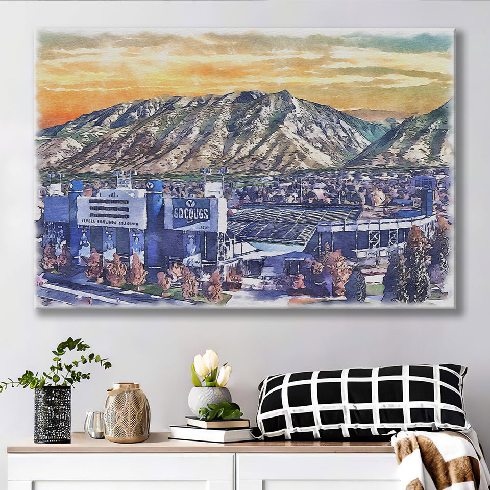 BYU Cougars LaVell Edwards Stadium Watercolor, Sport Art Prints Fan Gift, Canvas Prints Wall Art Decor