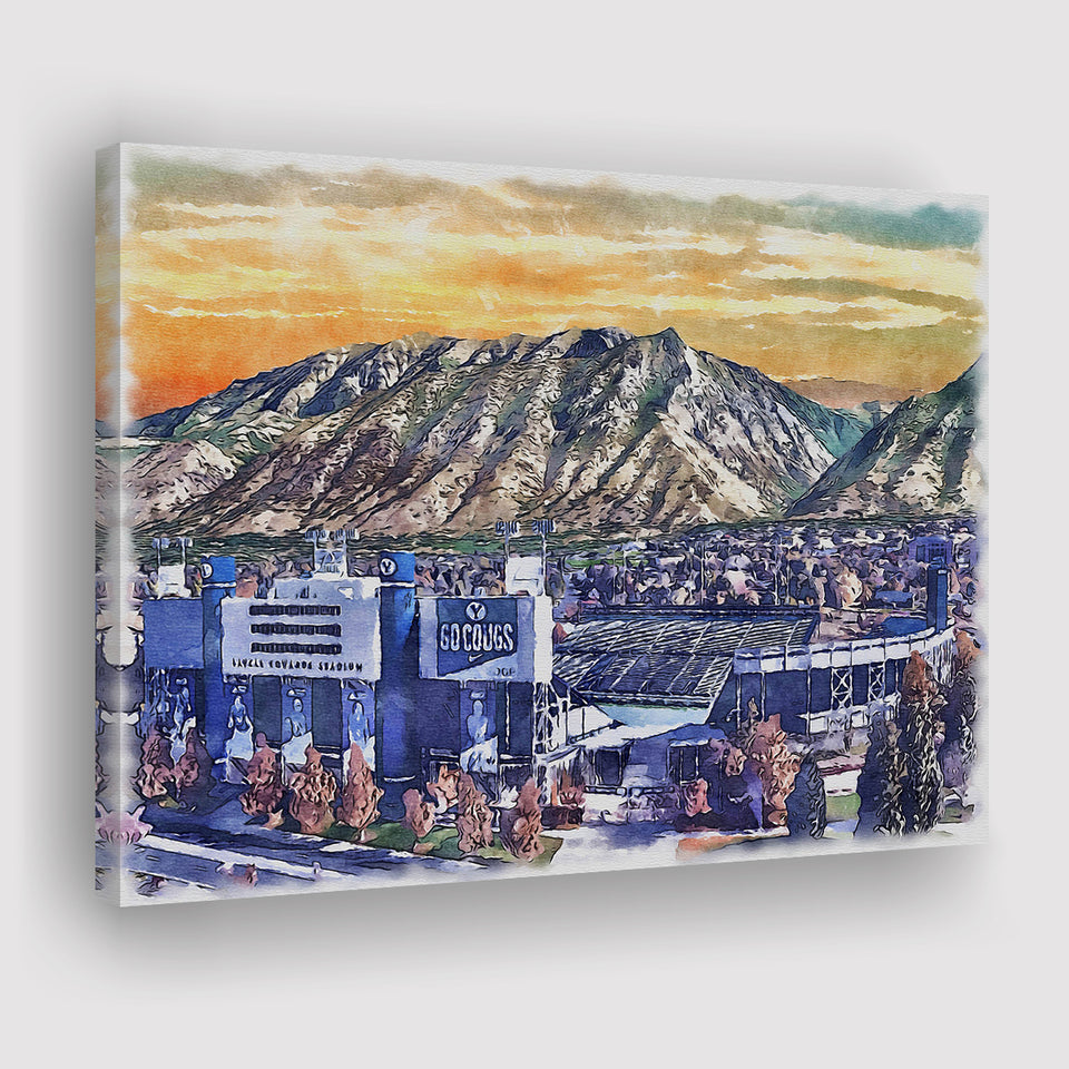 BYU Cougars LaVell Edwards Stadium Watercolor, Sport Art Prints Fan Gift, Canvas Prints Wall Art Decor