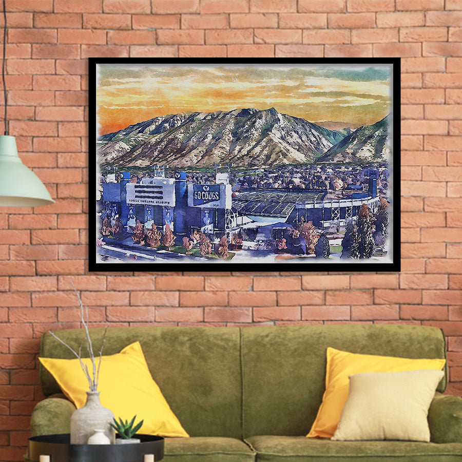 BYU Cougars LaVell Edwards Stadium Watercolor, Sport Prints Fan Gift, Framed Art Prints Wall Art Decor